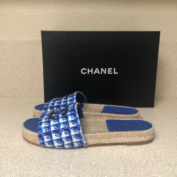 CHANEL Tweed Grosgrain CC Mule Blue Multi 37 / 7 - Picture 3 of 8